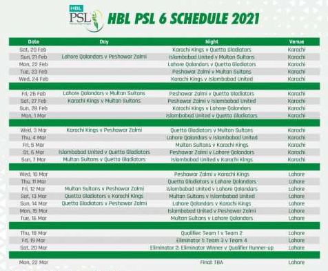 PSL Schedule 2021